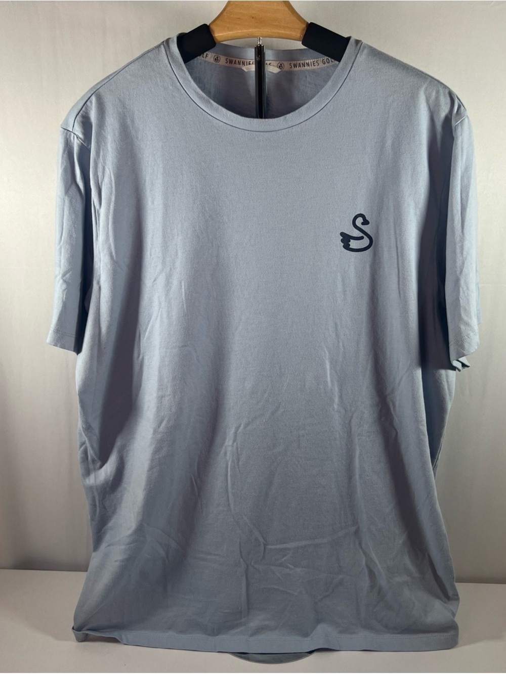 Swannies Light Blue Short Sleeve Crewneck Tee with Navy Swan Emblem